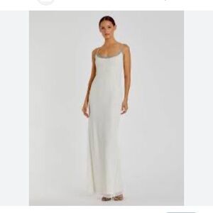 Mac Duggal 93551 White Rhinestone Scoop Neck Beaded Spaghetti Strap Maxi Gown